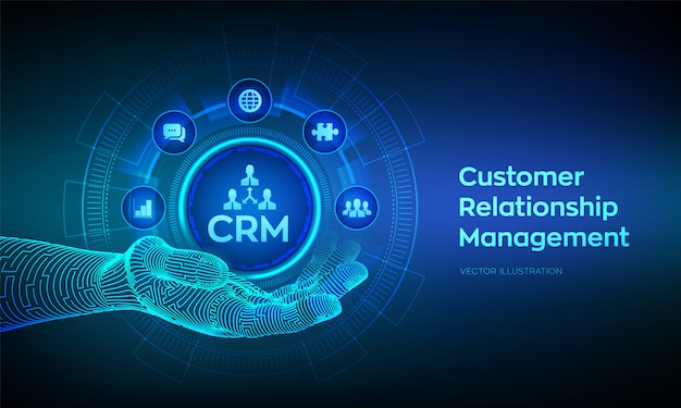 Vector icono de crm en mano robótica. gestión de la relación con el cliente. concepto de relación y servicio al cliente en pantalla virtual.