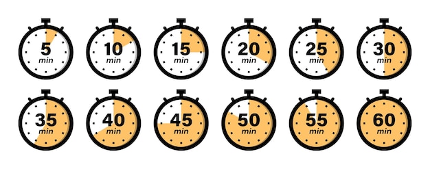 El icono del cronómetro del reloj del temporizador se establece con un intervalo de 5 minutos en la ilustración vectorial de color amarillo