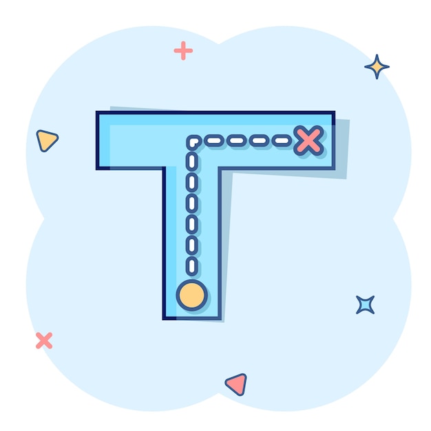 Icono de cruce de carreteras en estilo cómico Ilustración vectorial de animación de navegación de dirección de carretera en fondo blanco aislado Localizar la posición del alfiler Efecto de salpicaduras Concepto de negocio
