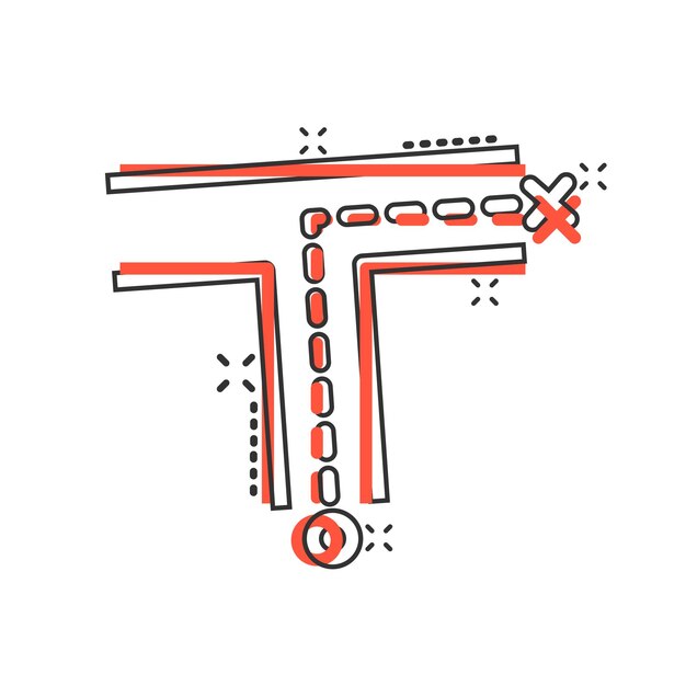 Icono de cruce de carreteras en estilo cómico Ilustración vectorial de animación de navegación de dirección de carretera en fondo blanco aislado Localizar la posición del alfiler Efecto de salpicaduras Concepto de negocio