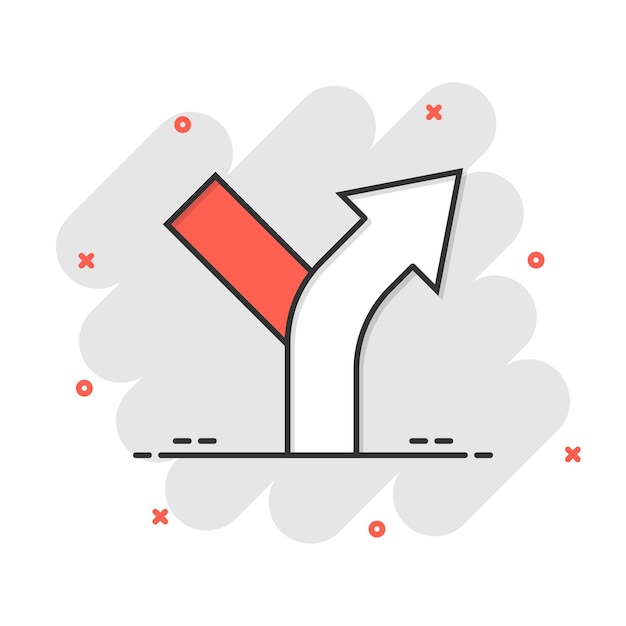 Icono de cruce de carreteras en estilo cómico Ilustración vectorial de animación de navegación de dirección de carretera en fondo blanco aislado Localizar la posición del alfiler Efecto de salpicaduras Concepto de negocio