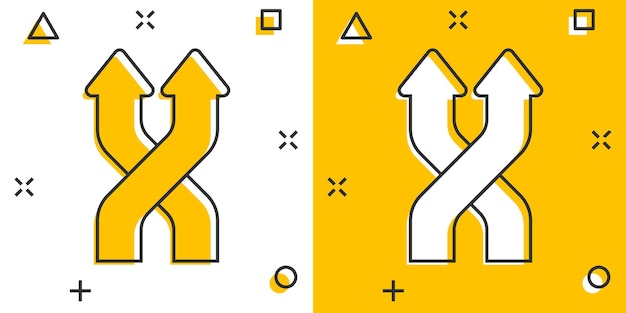 Icono de cruce de carreteras en estilo cómico Ilustración vectorial de animación de navegación de dirección de carretera en fondo blanco aislado Localizar la posición del alfiler Efecto de salpicaduras Concepto de negocio