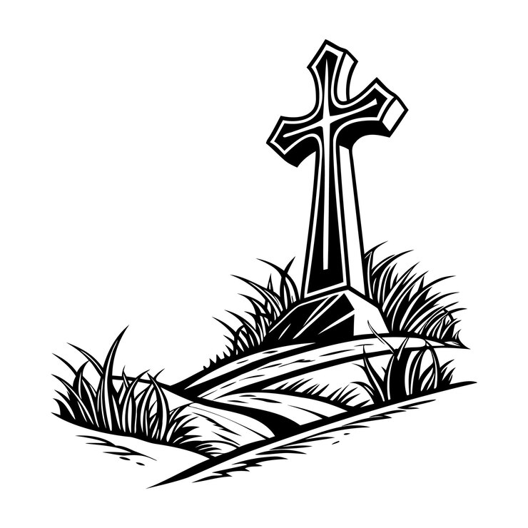 Vector icono de la cruz cristiana icono simple de una cruz celta de pie en una colina con hierba y rocas