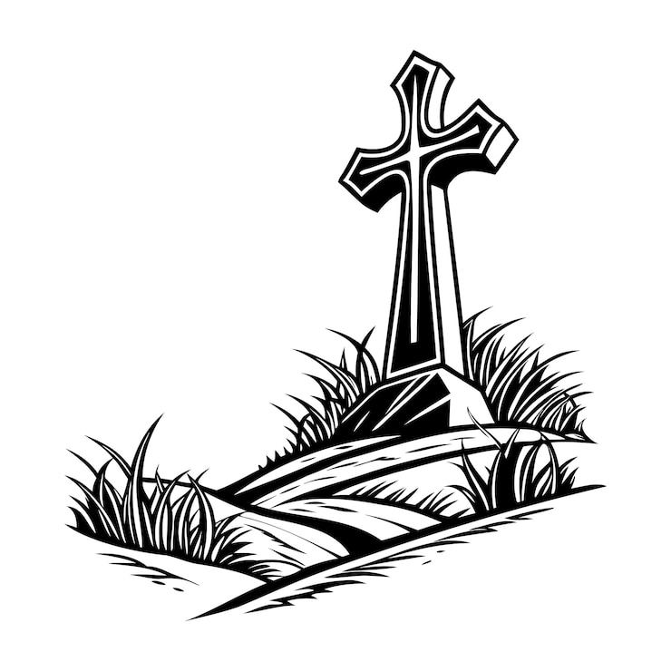 Vector icono de la cruz cristiana icono simple de una cruz celta de pie en una colina con hierba y rocas