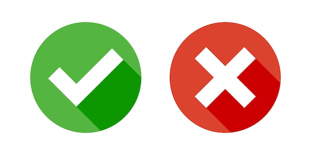 Icono de cruz y marca de verificación en estilo plano Ilustración de vector derecho de marca de verificación en fondo aislado Concepto de negocio de signo de garrapata y cruz