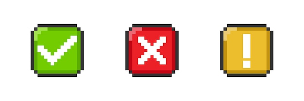 Icono de cruz y signo de exclamación en estilo píxel Botón cuadrado de 8 bits Vector