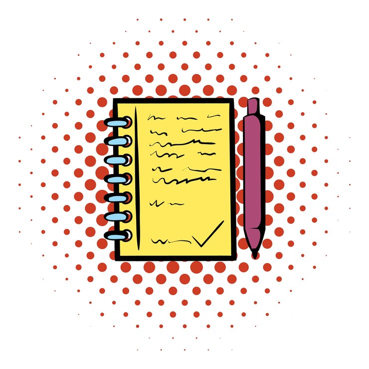Icono de cuaderno espiral y bolígrafo en estilo cómic sobre un fondo blanco