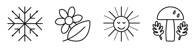 El icono de las cuatro estaciones establece signos vectoriales de línea negra de invierno primavera verano y otoño