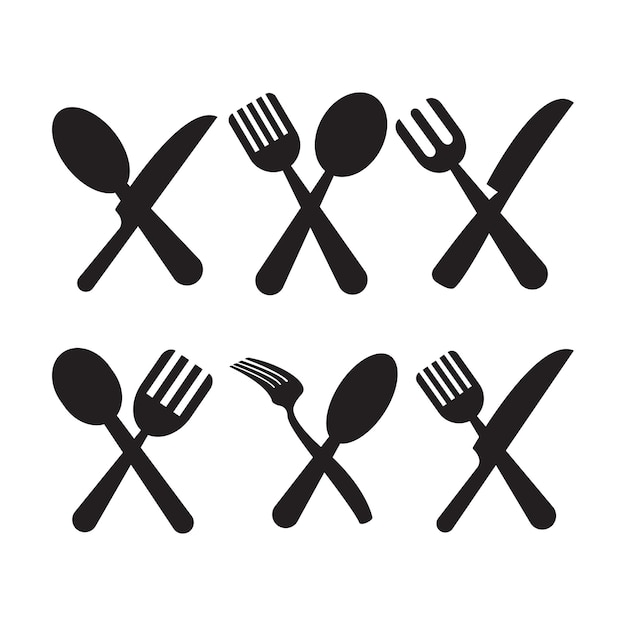 Icono de cubiertos, cucharas, horquillas y cuchillos en estilo plano con fondo