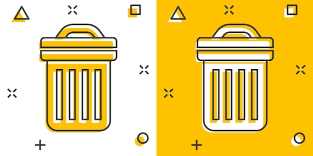 Icono de cubo de basura en estilo cómic Ilustración de vector de dibujos animados de reciclaje sobre fondo blanco aislado Concepto de negocio de signo de efecto de salpicadura de cesta de basura