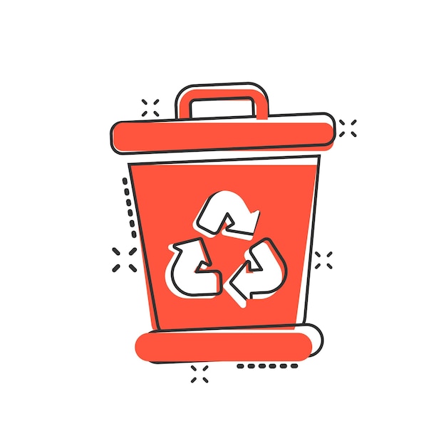 Icono de cubo de basura en estilo cómic ilustración de vector de dibujos animados de reciclaje sobre fondo blanco aislado concepto de negocio de signo de efecto de salpicadura de cesta de basura