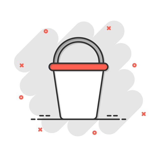 Icono de cubo en estilo cómico Ilustración de vector de dibujos animados de bote de basura sobre fondo blanco aislado Concepto de negocio de efecto de salpicadura de cubo