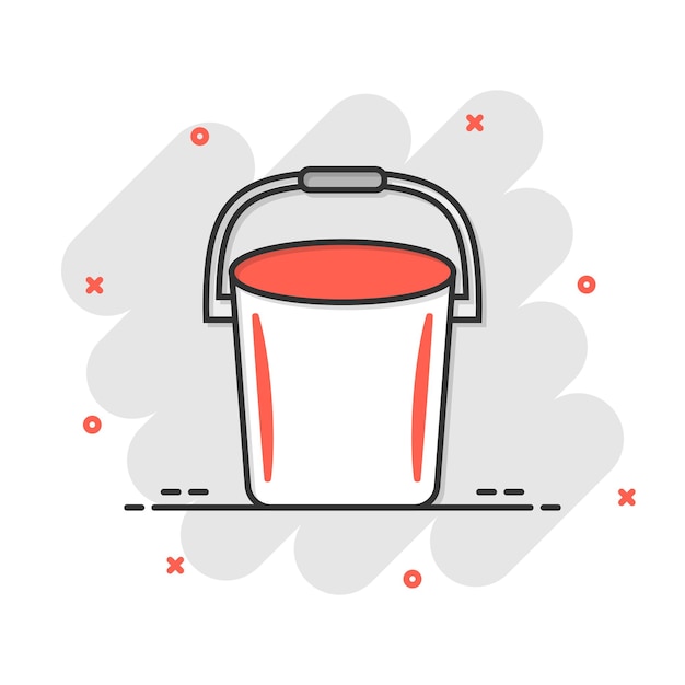 Icono de cubo en estilo cómico Ilustración de vector de dibujos animados de bote de basura sobre fondo blanco aislado Concepto de negocio de efecto de salpicadura de cubo