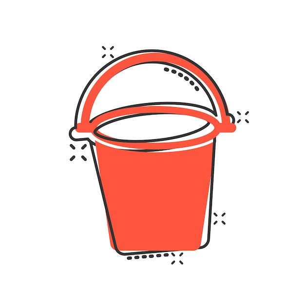 Icono de cubo en estilo cómico Ilustración de vector de dibujos animados de bote de basura sobre fondo blanco aislado Concepto de negocio de efecto de salpicadura de cubo