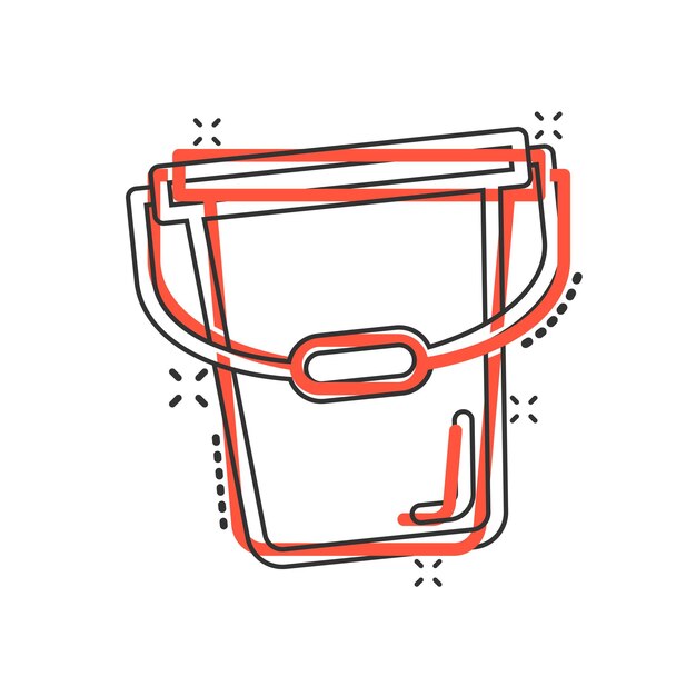 Icono de cubo en estilo cómico Ilustración de vector de dibujos animados de bote de basura sobre fondo blanco aislado Concepto de negocio de efecto de salpicadura de cubo