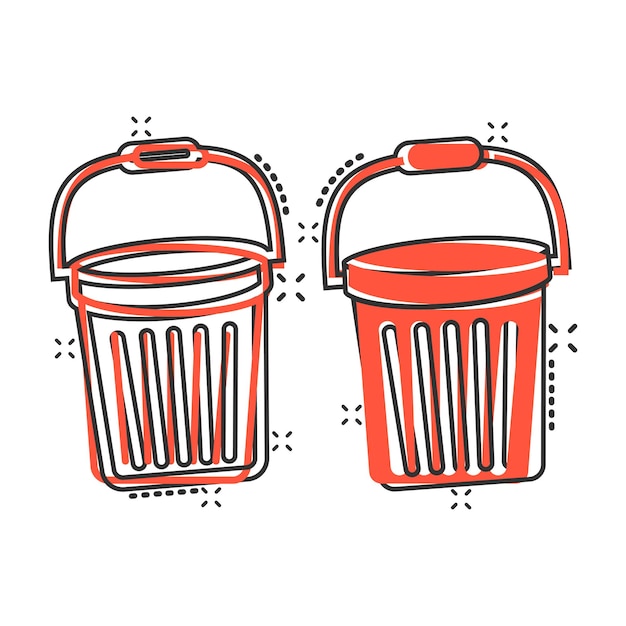 Icono de cubo en estilo cómico Ilustración de vector de dibujos animados de bote de basura sobre fondo blanco aislado Concepto de negocio de efecto de salpicadura de cubo