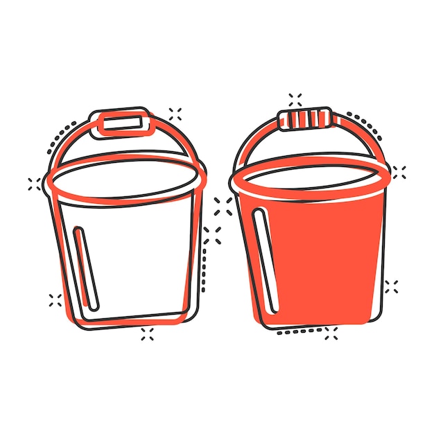 Icono de cubo en estilo cómico Ilustración de vector de dibujos animados de bote de basura sobre fondo blanco aislado Concepto de negocio de efecto de salpicadura de cubo