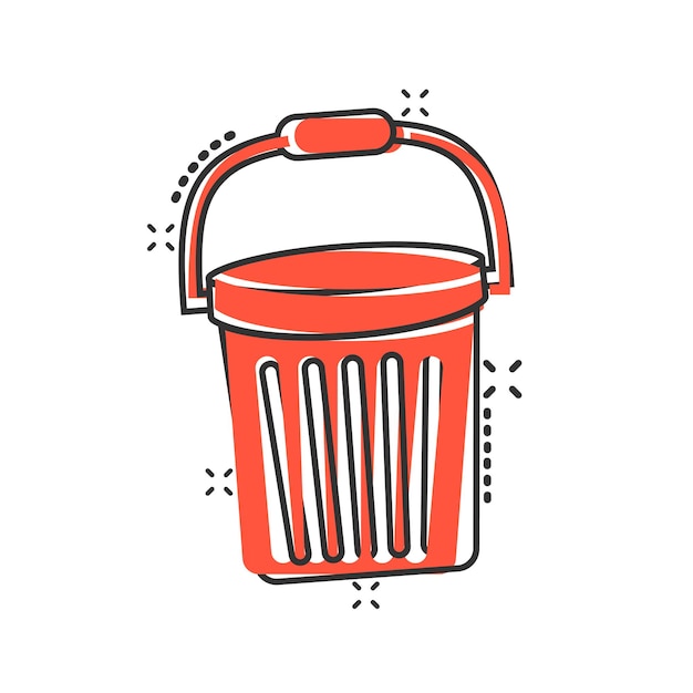 Icono de cubo en estilo cómico Ilustración de vector de dibujos animados de bote de basura sobre fondo blanco aislado Concepto de negocio de efecto de salpicadura de cubo