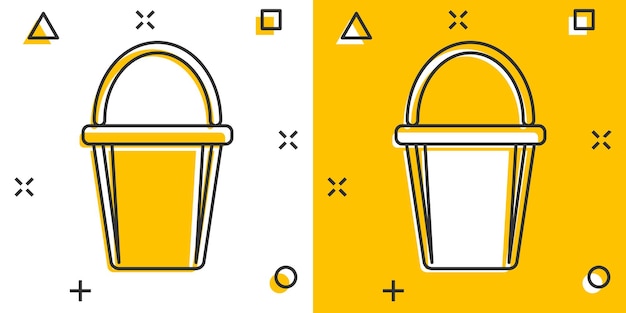 Icono de cubo en estilo cómico Ilustración de vector de dibujos animados de bote de basura sobre fondo blanco aislado Concepto de negocio de efecto de salpicadura de cubo