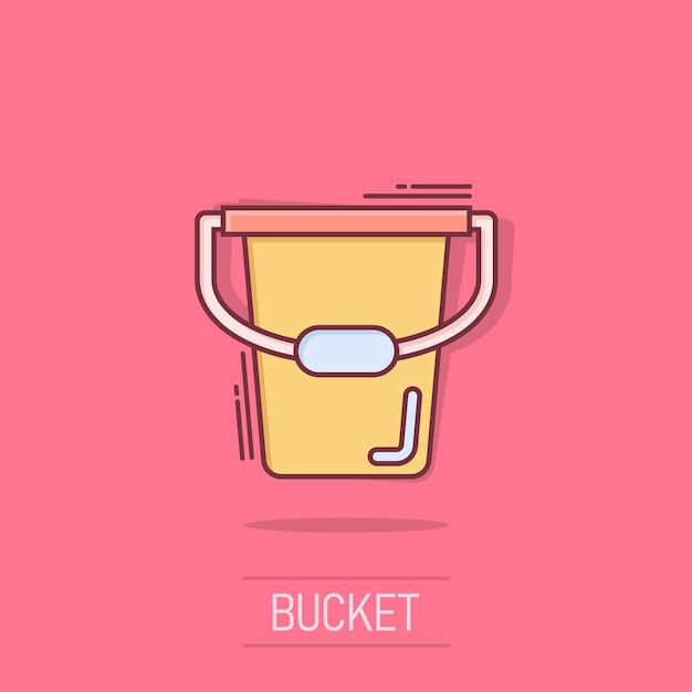 Icono de cubo en estilo cómico Ilustración de vector de dibujos animados de bote de basura sobre fondo blanco aislado Concepto de negocio de efecto de salpicadura de cubo