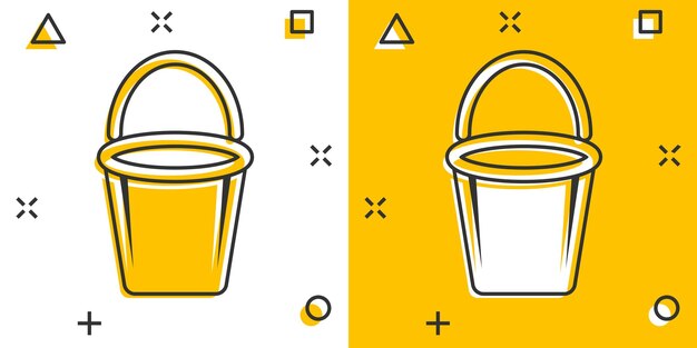 Icono de cubo en estilo cómico Ilustración de vector de dibujos animados de bote de basura sobre fondo blanco aislado Concepto de negocio de efecto de salpicadura de cubo