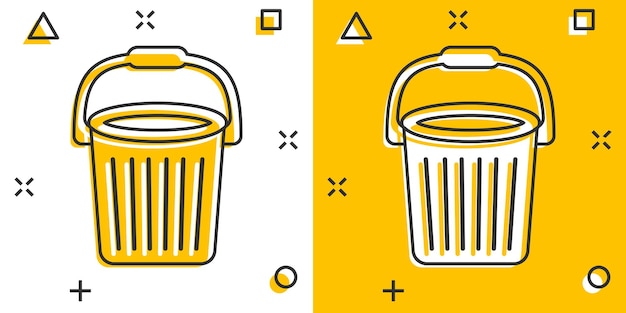 Icono de cubo en estilo cómico Ilustración de vector de dibujos animados de bote de basura sobre fondo blanco aislado Concepto de negocio de efecto de salpicadura de cubo