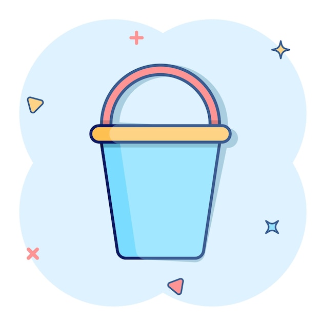 Icono de cubo en estilo cómico Ilustración de vector de dibujos animados de bote de basura sobre fondo blanco aislado Concepto de negocio de efecto de salpicadura de cubo