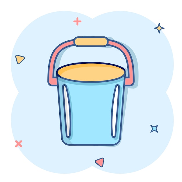 Icono de cubo en estilo cómico Ilustración de vector de dibujos animados de bote de basura sobre fondo blanco aislado Concepto de negocio de efecto de salpicadura de cubo