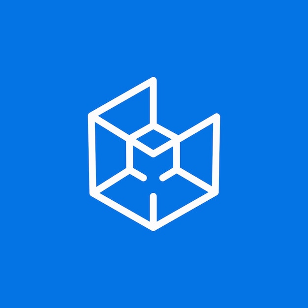 icono de cubo hexagonal geométrico blanco sobre fondo azul
