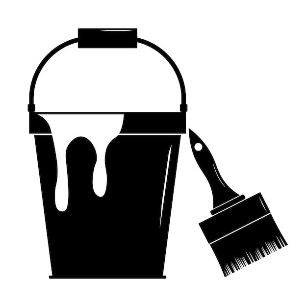 Icono de cubo y pincel de plástico en diseño de estilo de silueta moderna