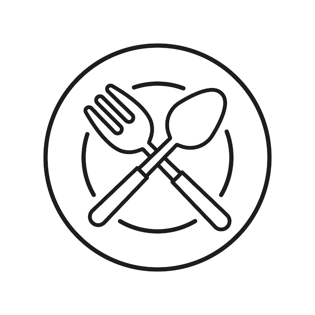 Icono de cuchara, tenedor y plato en línea negra para un concepto de diseño básico y simple