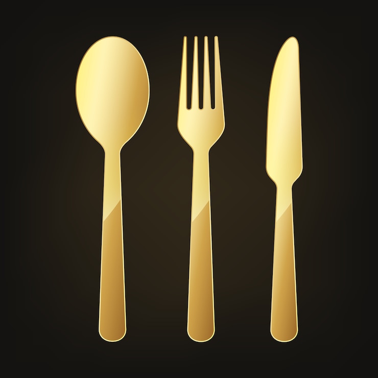 Vector icono de cuchillo, tenedor y cuchara de oro