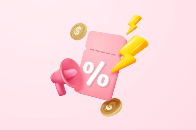 Icono de cupón 3D con altavoz de megáfono para ventas y compras en línea cupón de descuento de dinero en efectivo relámpago en el tiempo aviso de alerta oferta especial promoción icona de etiqueta de precio 3D ilustración vectorial de renderización