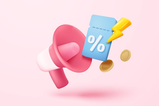 Icono de cupón 3D con altavoz de megáfono para ventas y compras en línea cupón de descuento de dinero en efectivo relámpago en el tiempo aviso de alerta oferta especial promoción icona de etiqueta de precio 3D ilustración vectorial de renderización