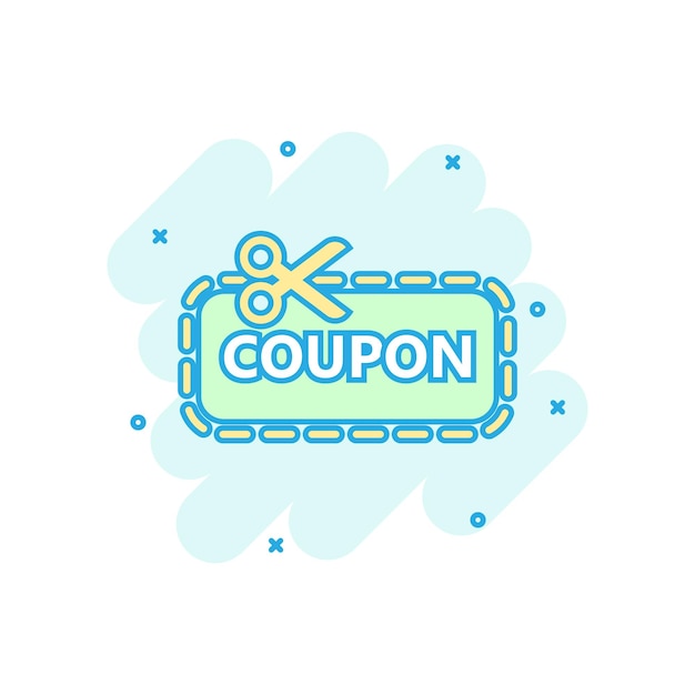 Icono de cupón de descuento en estilo cómic Tijeras con ilustración de dibujos animados de vector de etiqueta de precio sobre fondo blanco aislado Efecto de salpicadura de concepto de negocio de pegatina de venta