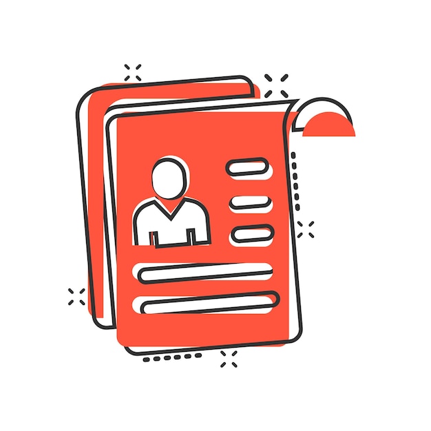 Icono de currículum en estilo cómico Documento de contrato Ilustración vectorial de dibujos animados en fondo blanco aislado Effecto de salpicaduras de bloc de notas de papel Concepto de negocio