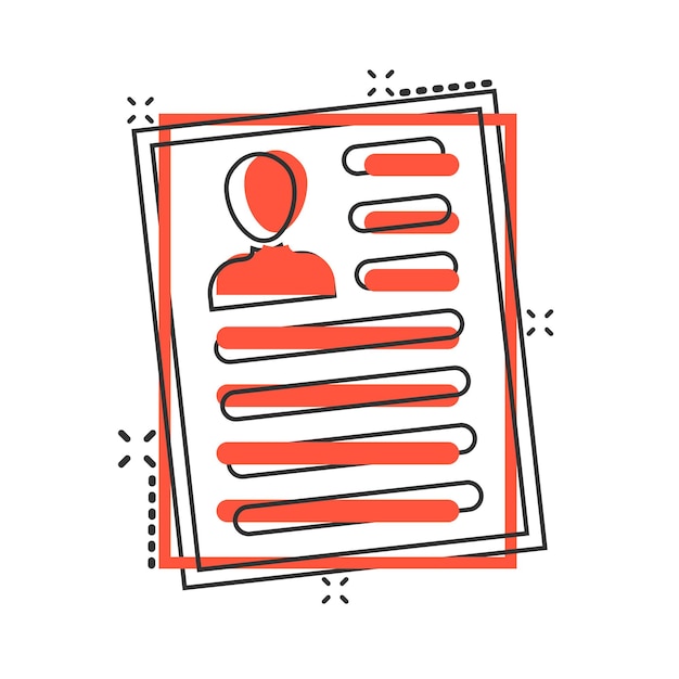 Icono de currículum en estilo cómico Documento de contrato Vector Ilustración de dibujos animados Pictograma Efecto de salpicaduras