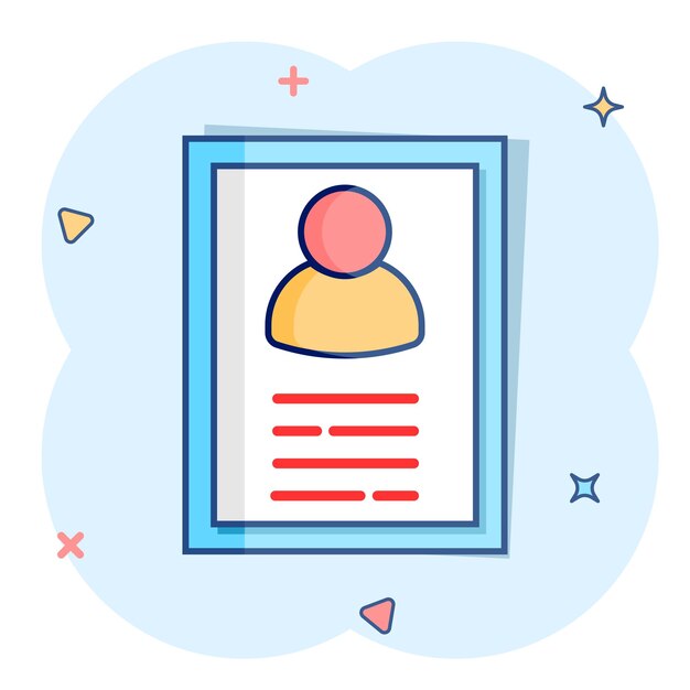 Icono de currículum en estilo cómico Documento de contrato vector ilustración de dibujos animados pictograma Reanudar concepto de negocio efecto de salpicadura