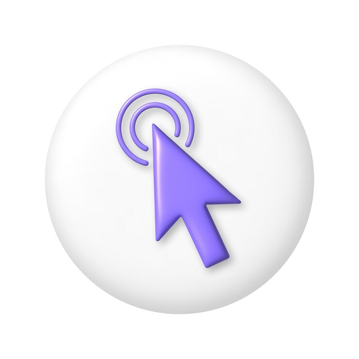 Vector icono de cursor de computadora púrpura en botón redondo blanco elemento de diseño de dibujos animados 3d ilustración vectorial