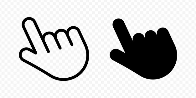 El icono del cursor de la mano aislado por el vector se establece en contorno y relleno en negro
