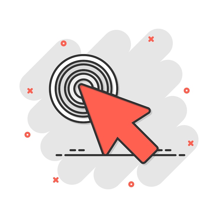 Vector icono de cursor de ratón de computadora en estilo cómico flecha cursor vector dibujos animados ilustración pictograma ratón objetivo concepto de negocio efecto de salpicadura