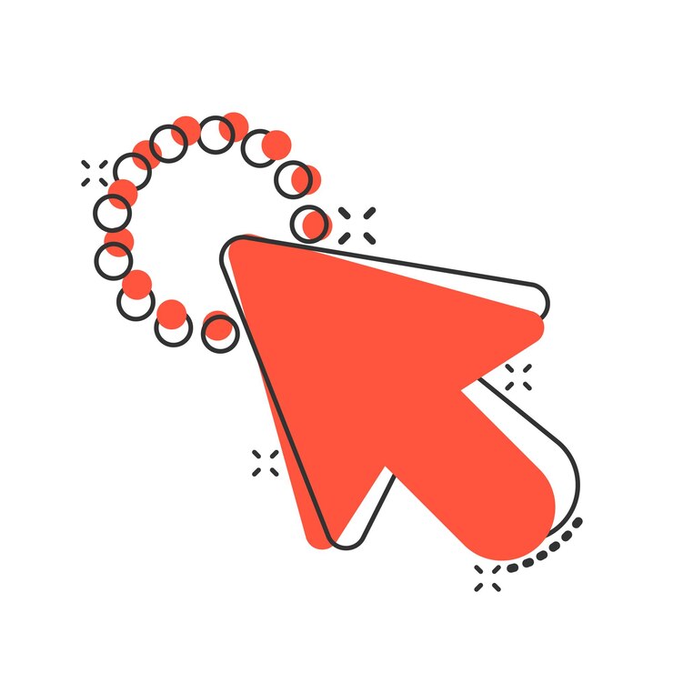 Vector icono de cursor de ratón de computadora en estilo cómico flecha cursor vector dibujos animados ilustración pictograma ratón objetivo concepto de negocio efecto de salpicadura