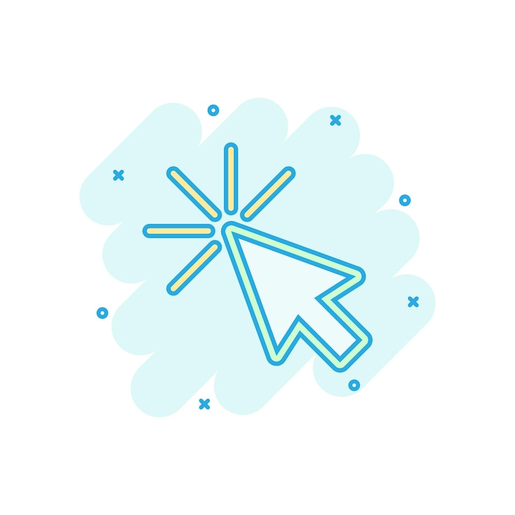 Vector icono de cursor de ratón de computadora en estilo cómico flecha cursor vector dibujos animados ilustración pictograma ratón objetivo concepto de negocio efecto de salpicadura