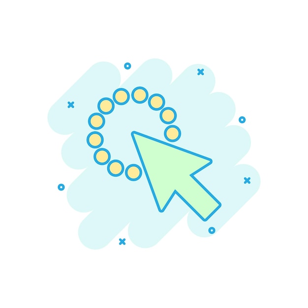 Icono de cursor de ratón de computadora en estilo cómico Flecha cursor vector dibujos animados ilustración pictograma Ratón objetivo concepto de negocio efecto de salpicadura