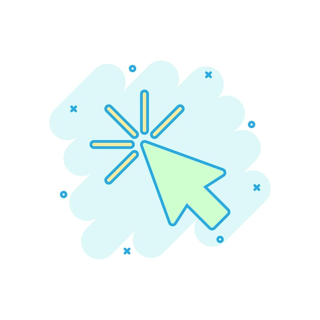 Icono de cursor de ratón de computadora en estilo cómico Flecha cursor vector dibujos animados ilustración pictograma Ratón objetivo concepto de negocio efecto de salpicadura
