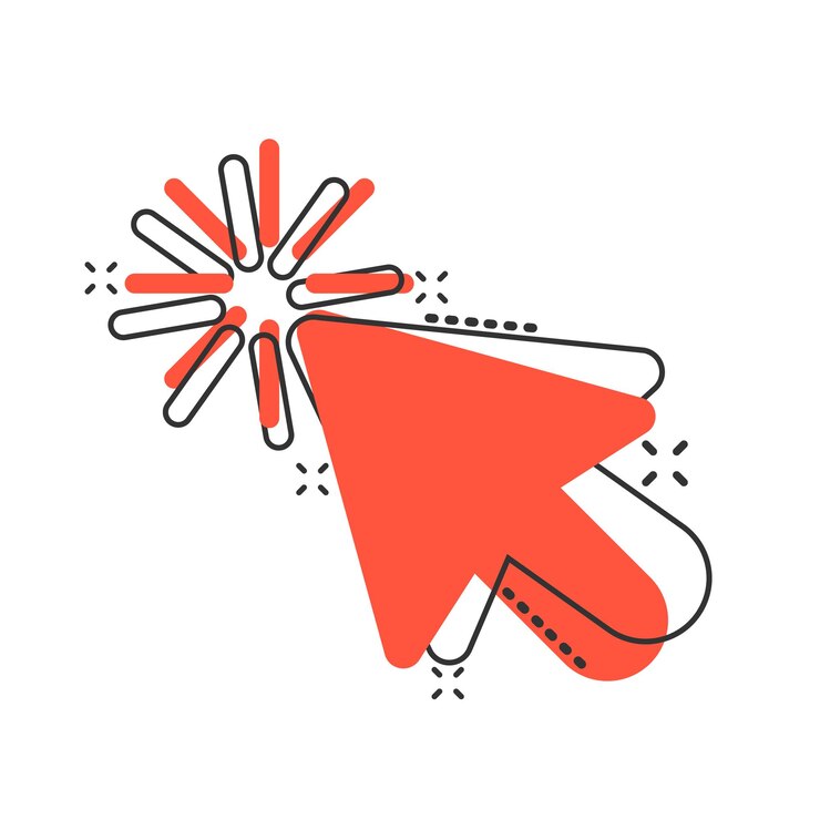 Vector icono de cursor de ratón de computadora en estilo cómico flecha cursor vector dibujos animados ilustración pictograma ratón objetivo concepto de negocio efecto de salpicadura