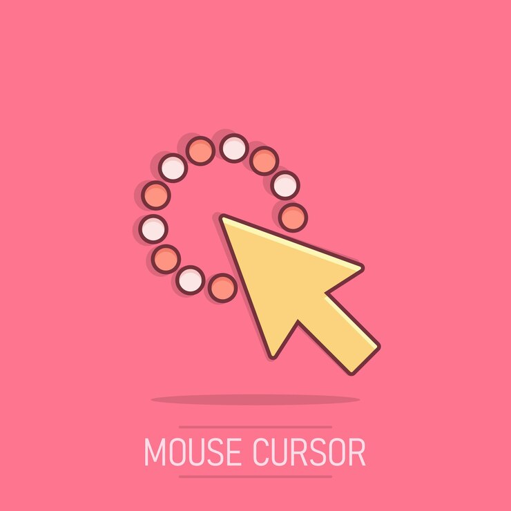 Vector icono del cursor del ratón de la computadora en estilo cómico pictograma de ilustración de dibujos animados del vector del cursor de flecha objetivo del ratón efecto de salpicadura del concepto de negocio