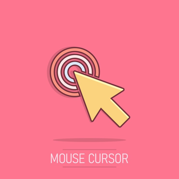 Vector icono del cursor del ratón de la computadora en estilo cómico vector del cursor de la flecha ilustración de dibujos animados pictograma del ratón objetivo concepto de negocio efecto de salpicaduras