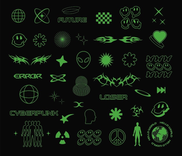 El icono del cyberpunk y el futurismo retro establece elementos de póster retro