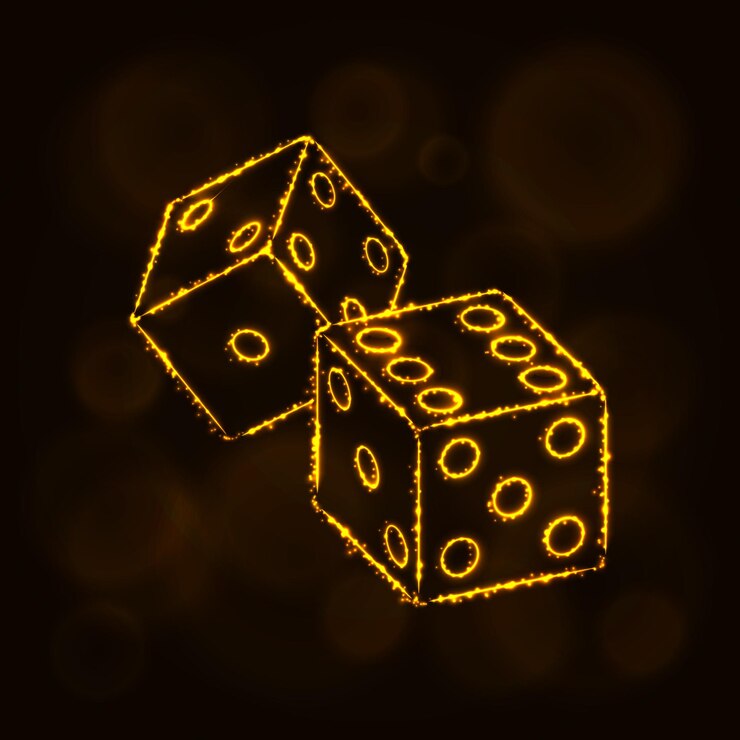 Vector icono de dados dos dados de juego símbolo de casino luces diseño de silueta sobre fondo oscuro ilustración vectorial líneas y puntos brillantes color dorado